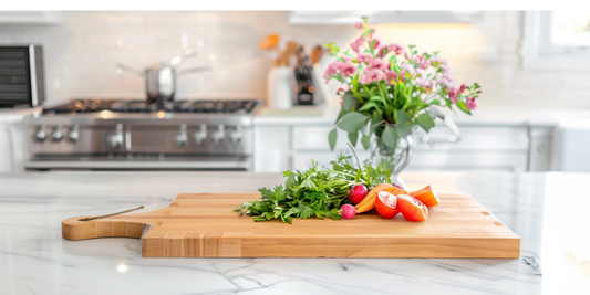 Elegant kitchen scene with a beautifully finished wooden cutting board on a marble countertop, surrounded by fresh herbs and vegetables, with sleek kitchen appliances and a vase of flowers in the background.