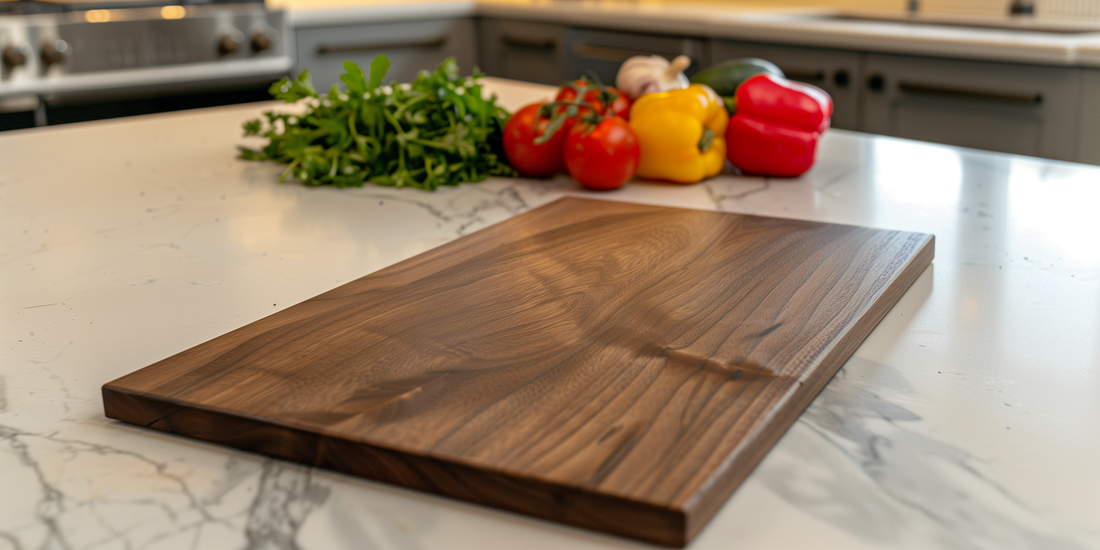 Elegant kitchen scene with a rich, dark black walnut cutting board surrounded by fresh vegetables, showcasing its intricate grain patterns and polished surface.