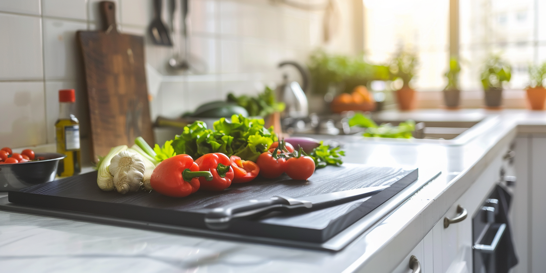 Black wood cutting board on a white marble countertop with fresh vegetables and a chef's knife.