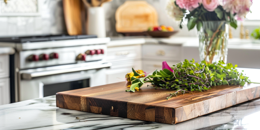 Elegant kitchen scene with cherry wood cutting board on marble countertops