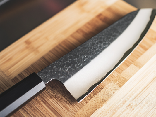 Cover photo of single bevel japanese chef knife on bamboo cutting board