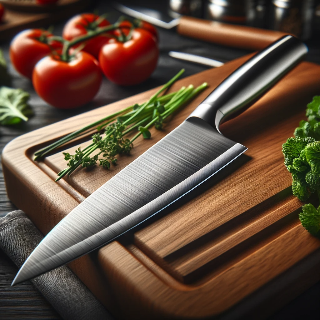 A professional chef's stainless steel kitchen knife with a sleek and modern design