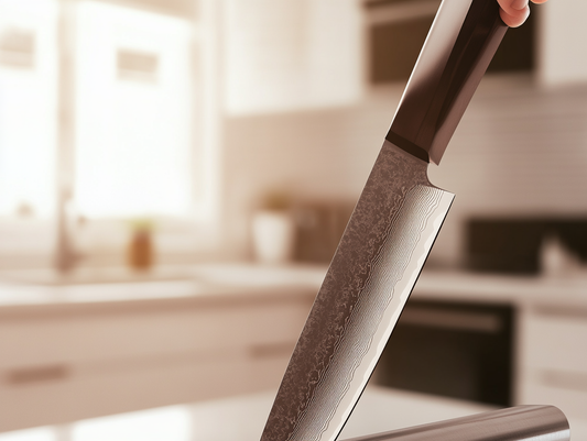 Chef knife with honing steel in foreground