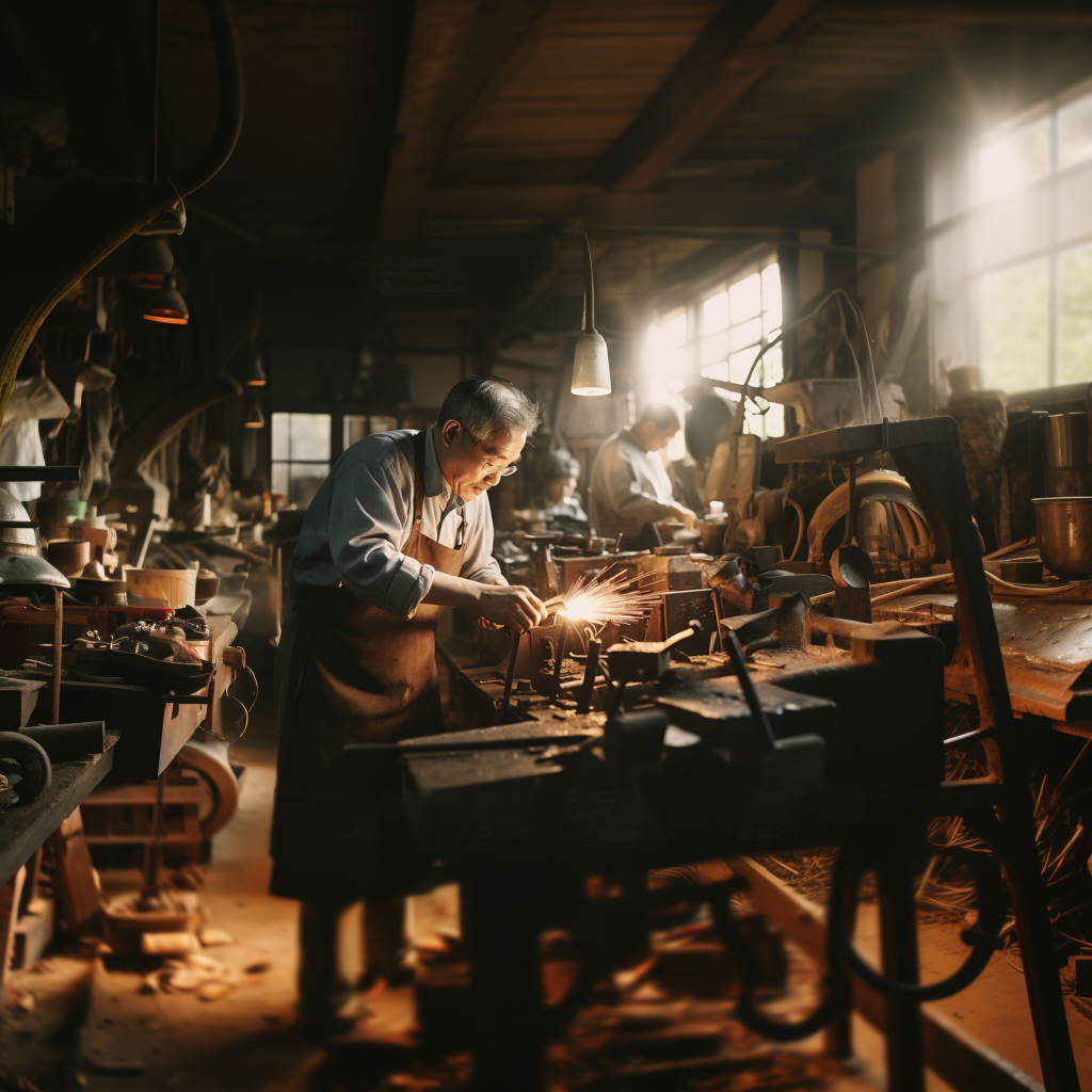 Japanese artisan making chef knife in forge