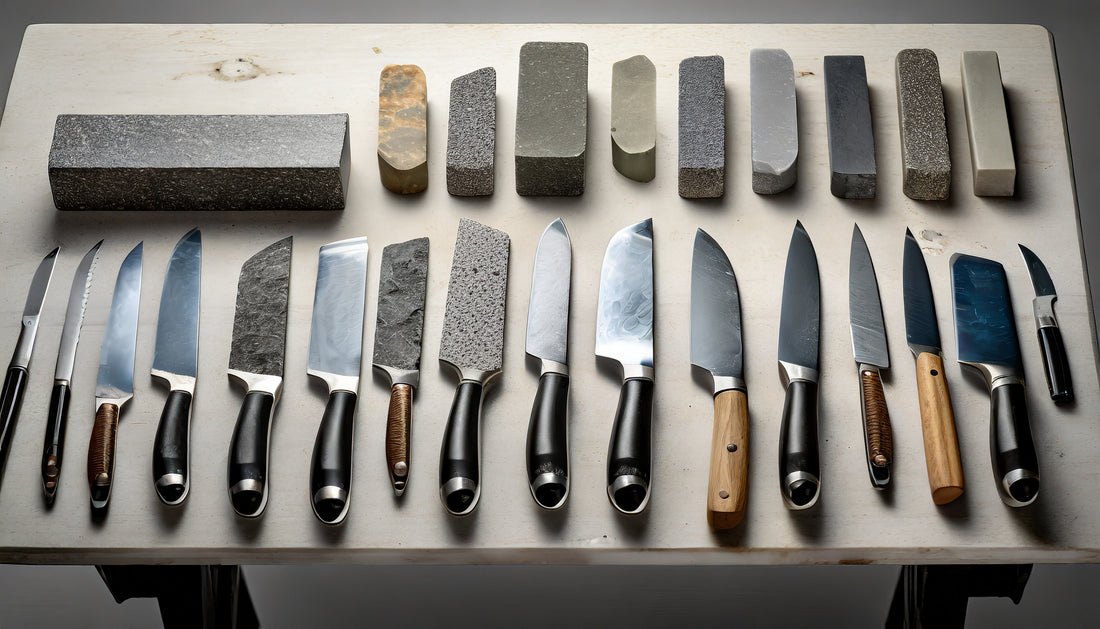 Overview photo of kitchen knives and and whetstones on a table