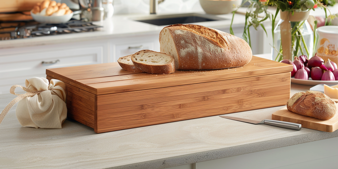 Organized kitchen countertop featuring a stylish bamboo bread box cutting board with freshly baked bread partially sliced on top, surrounded by neatly arranged kitchen tools and a vase with fresh flowers.