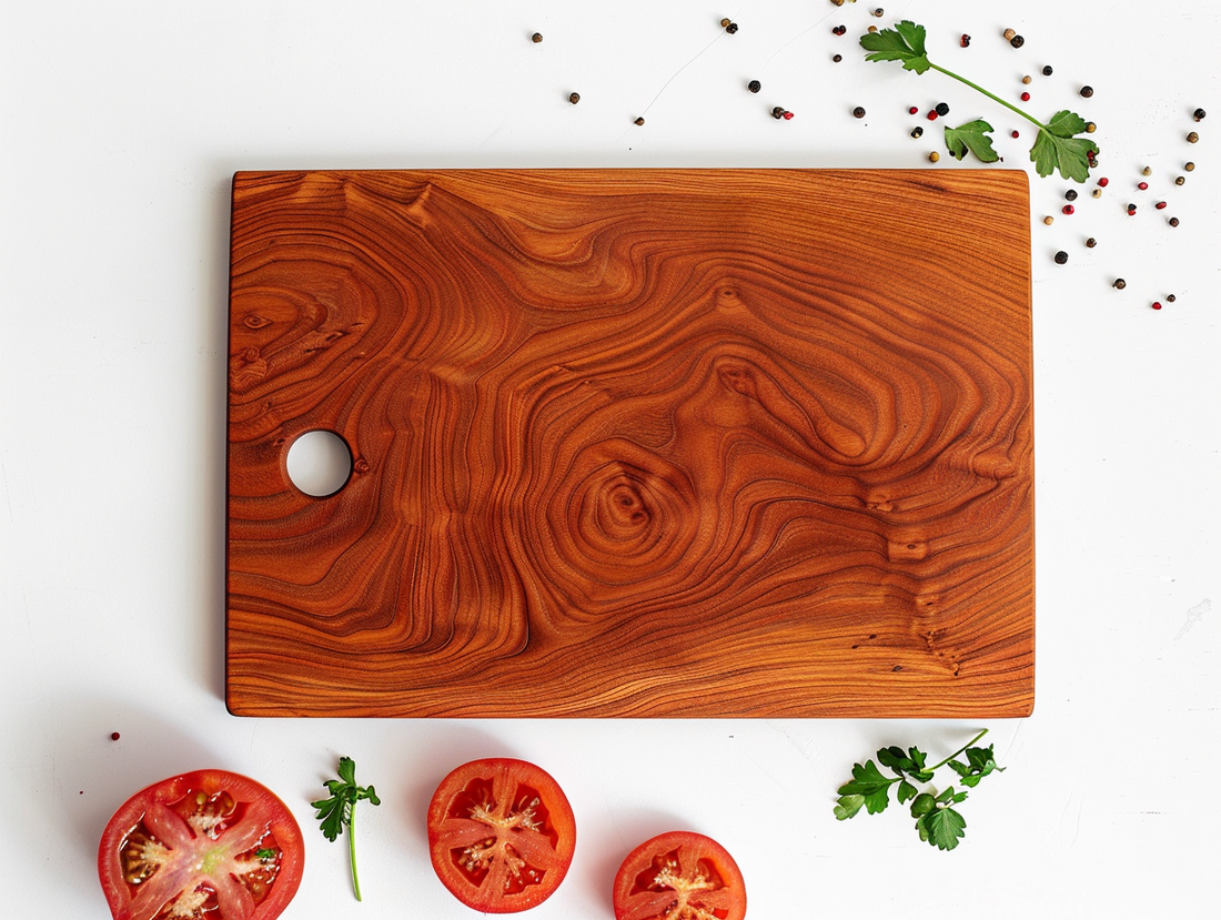 wooden cherry cutting board on white background with some ingredients around