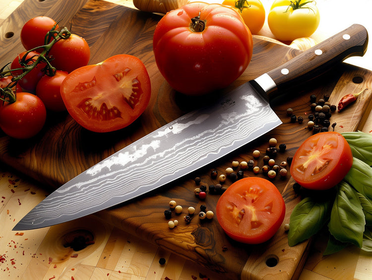 chef knife on wooden board, sliced tomatoes, greens and peppercorn strewn about