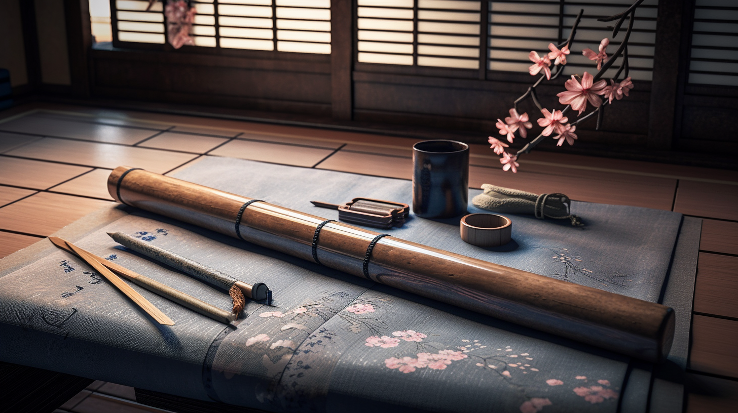 katana in protective case sitting on japanese style cloth in traditional tatami room with sakura in the background