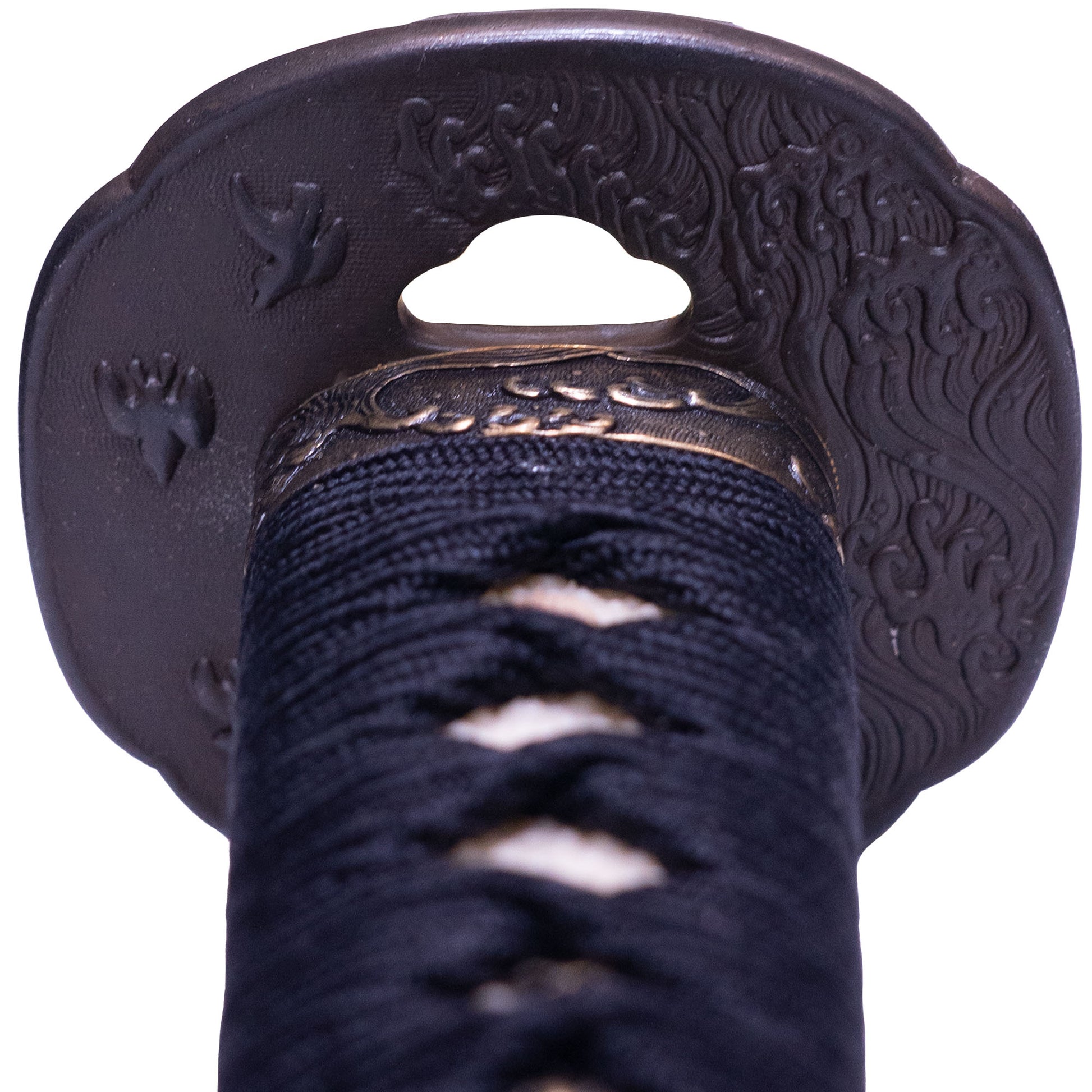 Up close shot of handle and tsuba, wave and bird pattern, blue