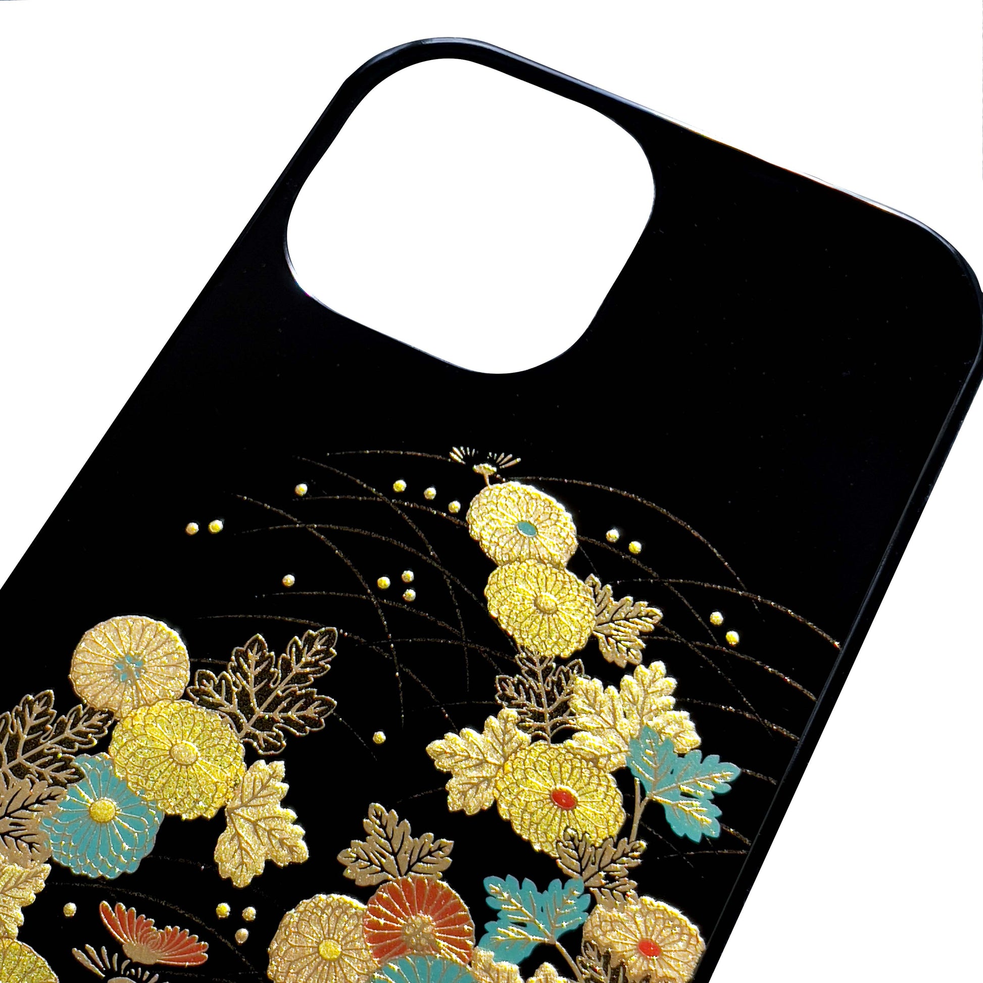 iPhone 15 Case, Japanese Laquerware, Japanese Chrysanthemum top detail Shot