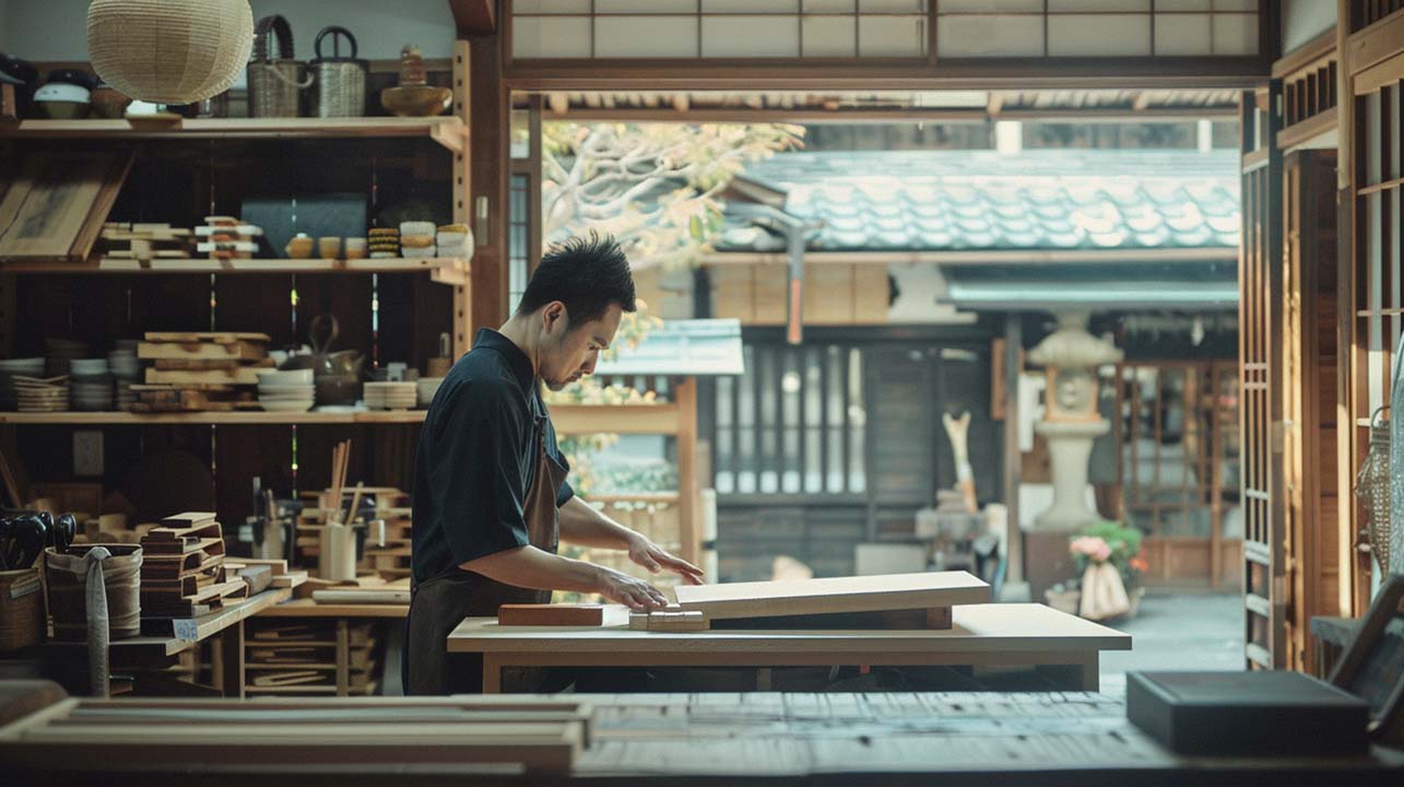 Japanese man creating an all natural wooden cutting board in Japan