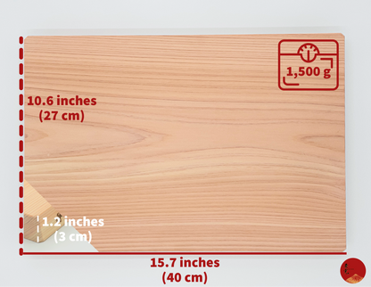 raikou handmade natural hinoki wood cutting board specs, 10.6 by 15.7 inches, 1500 grams